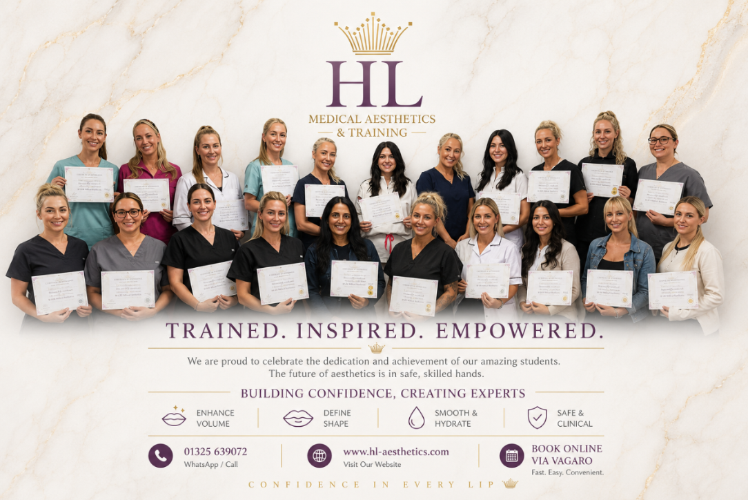 Group of people holding certificates with HL Medical Aesthetics & Training logo and text.