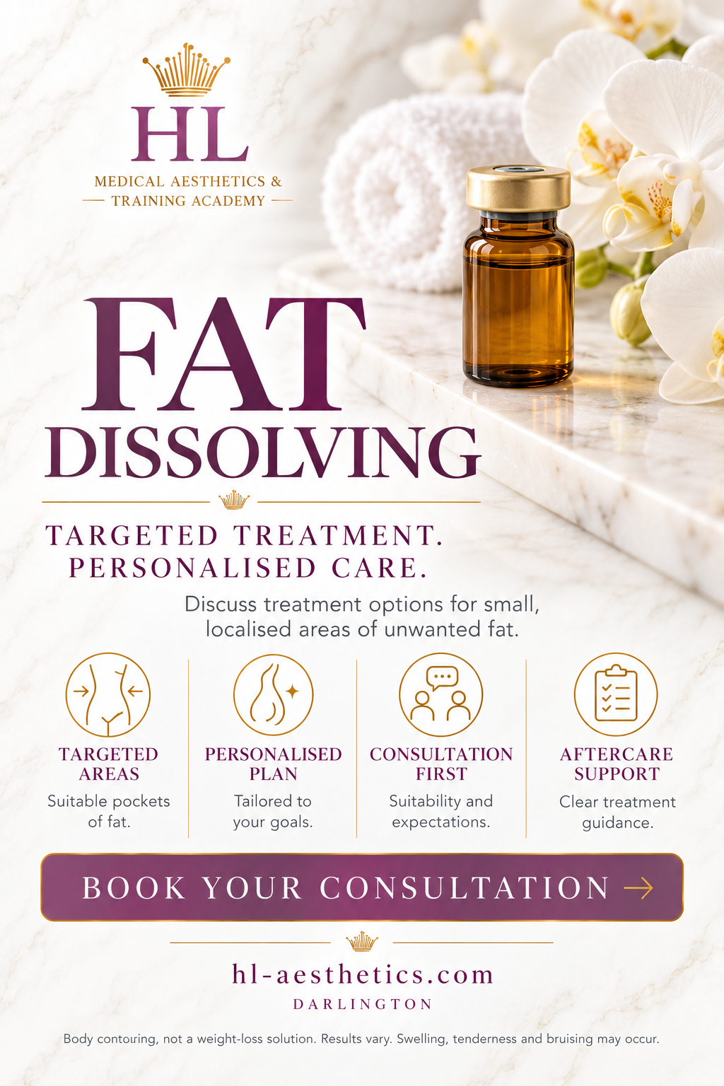 A promotional flyer for 'HL Medical Aesthetics & Training Academy' advertising 'Fat Dissolving' treatments. The flyer features a white marble background with white orchids, a small amber glass vial with a gold cap, and text detailing the services, including 'Targeted Treatment', 'Personalised Care', and a 'Book Your Consultation' banner.
