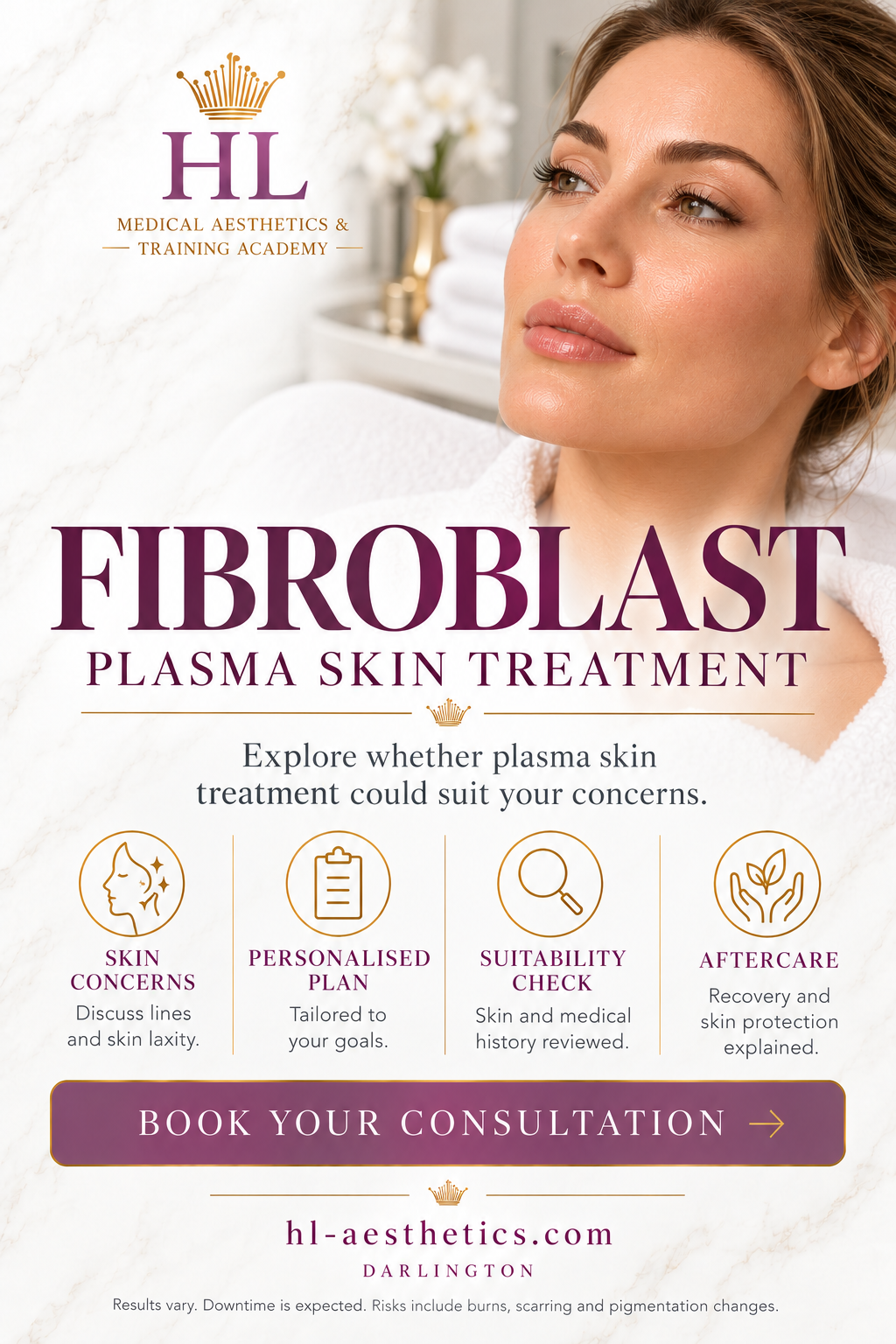 Promotional flyer for the 'Fibroblast Plasma Skin Treatment' by HL Medical Aesthetics & Training Academy. The graphic features a close-up of a woman with clear skin on the right, set against a bright, clean bathroom background.