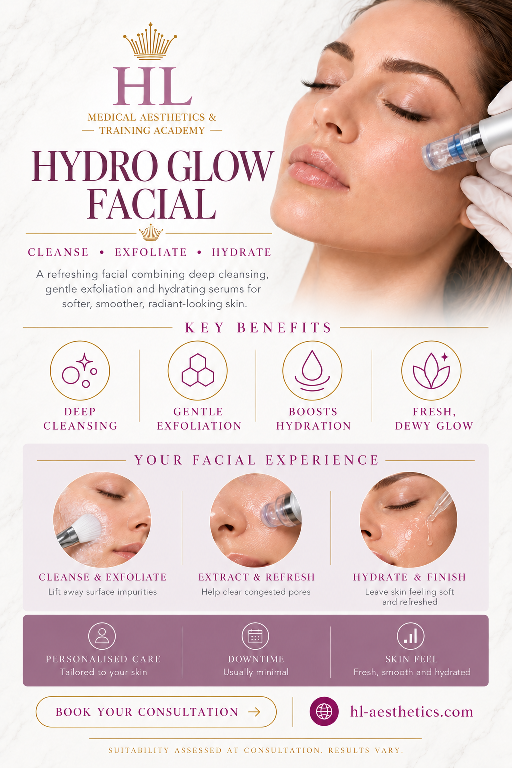 A promotional flyer for 'Hydro Glow Facial' by HL Medical Aesthetics & Training Academy. The flyer features a close-up of a woman's face with a syringe applying serum to her cheek, accompanied by text detailing the facial treatment's benefits such as deep cleansing, gentle exfoliation, and boosting hydration.