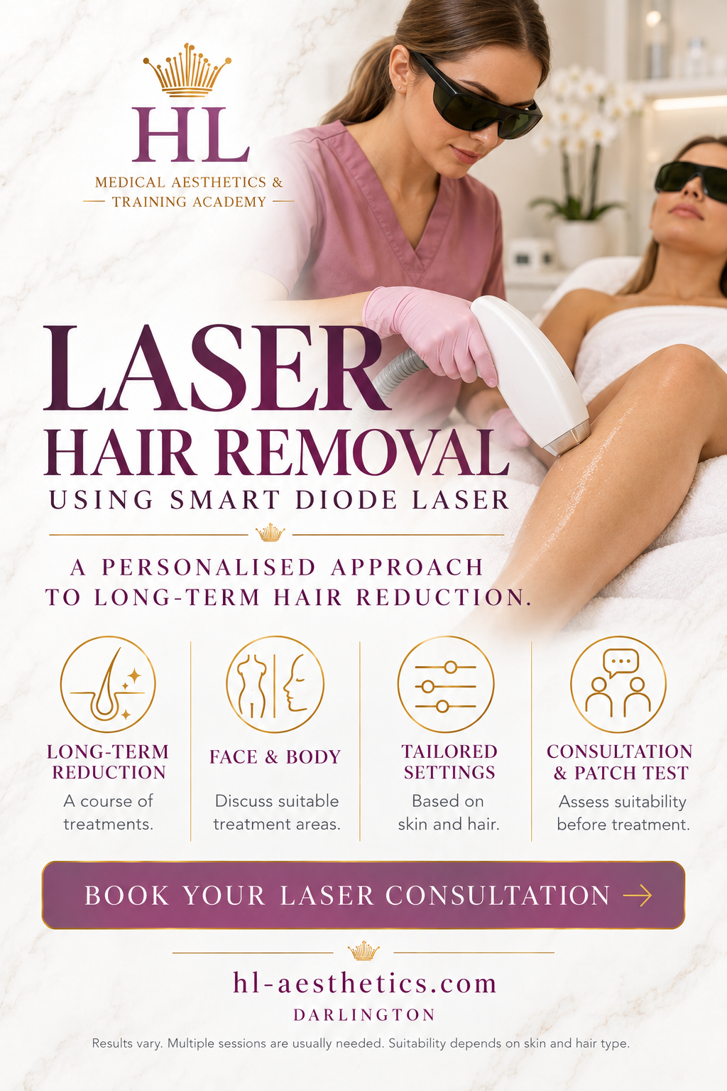 Promotional flyer for 'HL Medical Aesthetics & Training Academy' featuring a woman receiving a laser hair removal treatment. The flyer includes the text 'LASER HAIR REMOVAL USING SMART DIODE LASER' and four key benefits: long-term reduction, face & body treatment, tailored settings, and a consultation patch test.