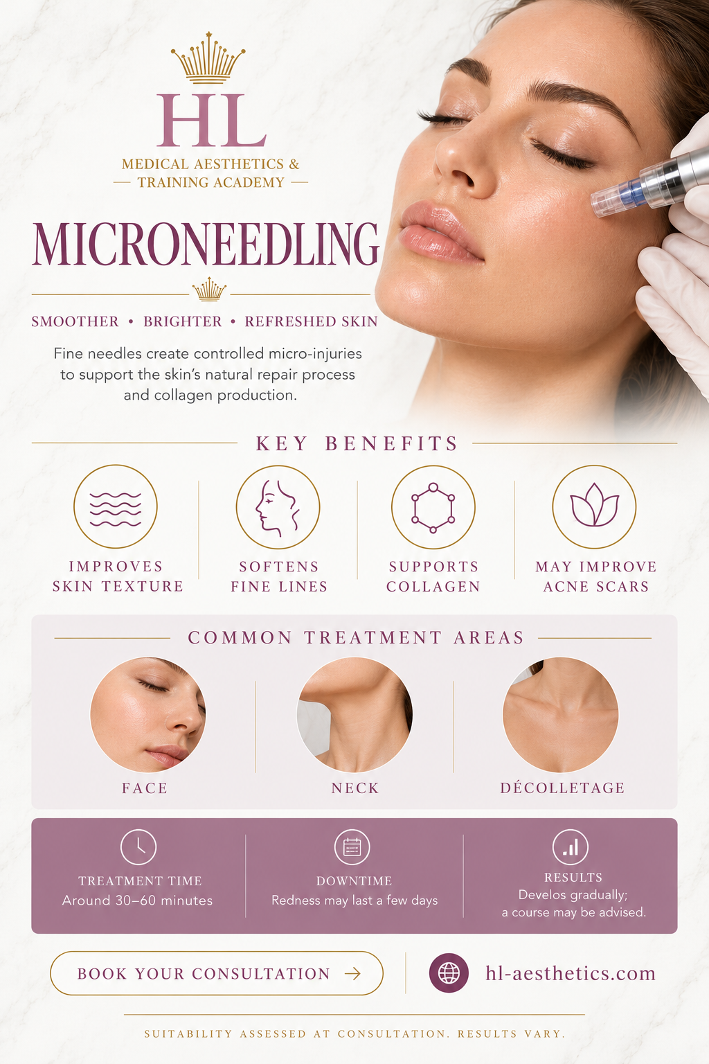 Promotional graphic for a microneedling treatment by HL Medical Aesthetics & Training Academy, showing a close-up of a woman's face with a needle applying treatment, plus text detailing key benefits and common treatment areas.