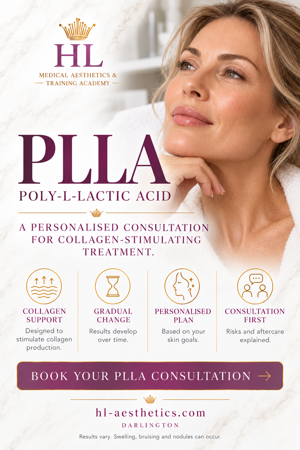 Promotional flyer for 'HL Medical Aesthetics & Training Academy' featuring a blonde woman in a white robe looking upward, next to the text 'PLLA POLY-L-LACTIC ACID' and service details for a personalized consultation.