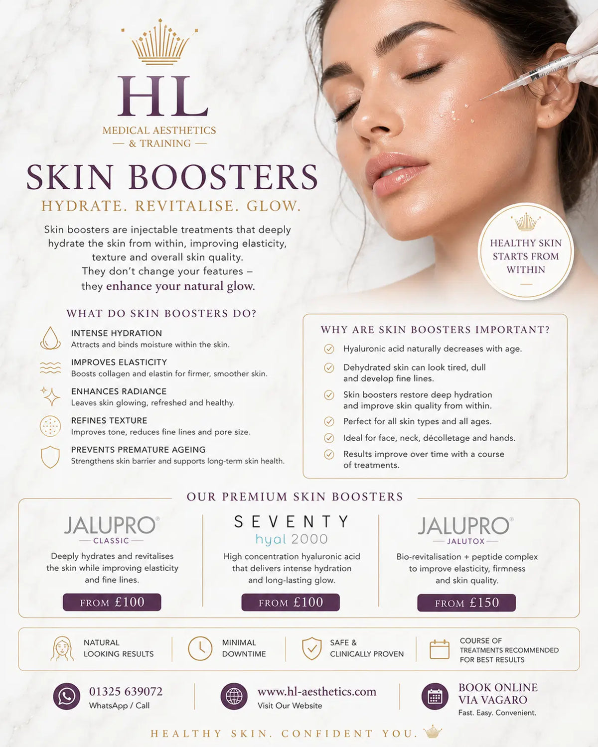 A promotional flyer for 'HL Medical Aesthetics - Skin Boosters' featuring a close-up of a woman's face with a treatment applied, alongside text explaining the benefits of skin boosters and listing treatment options like 'Jalupro Classic' and 'Seventy Hyalu 2000'.