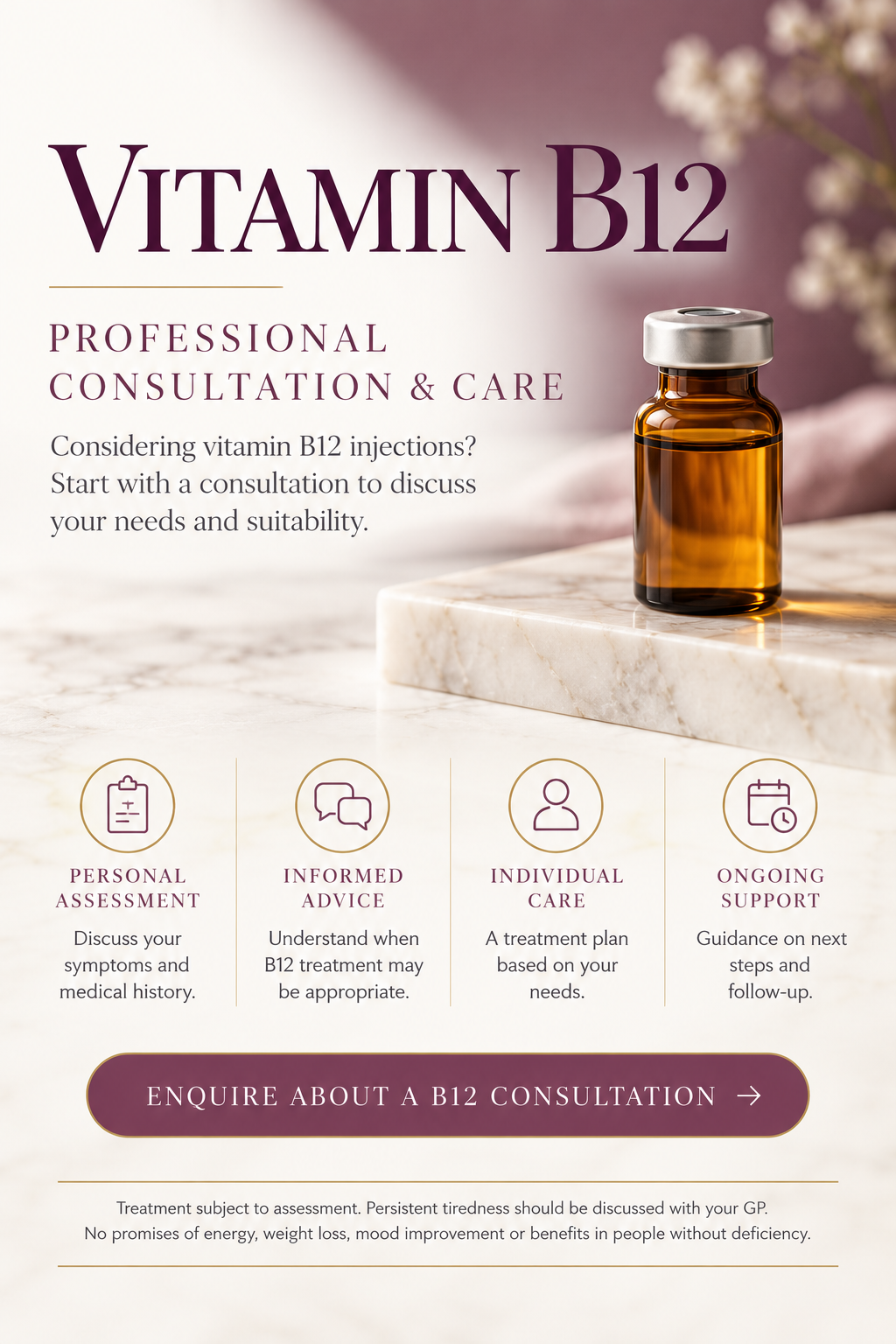 Promotional graphic for Vitamin B12 professional consultation and care, featuring a small amber vial on a marble surface with text detailing consultation steps and an enquiry button.